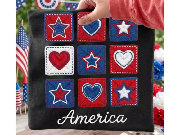 America Quilt Stars Hearts Tshirt Png: Patriotic Craft Design